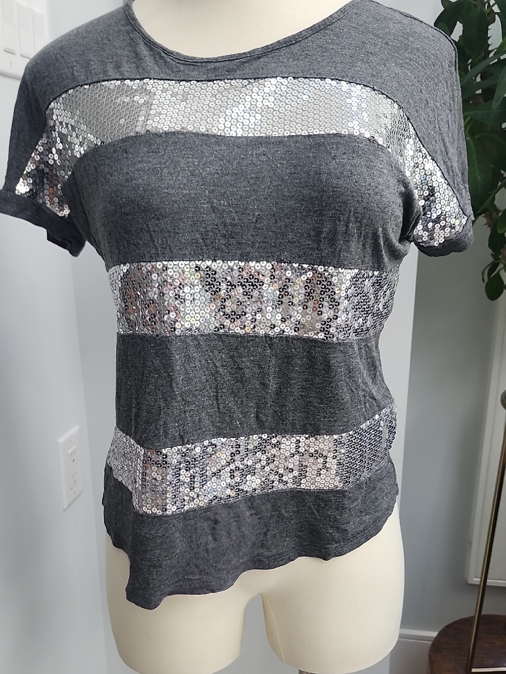 Ginger G Charcoal Gray Short Sleeve Tee with Silver Sequin Stripes